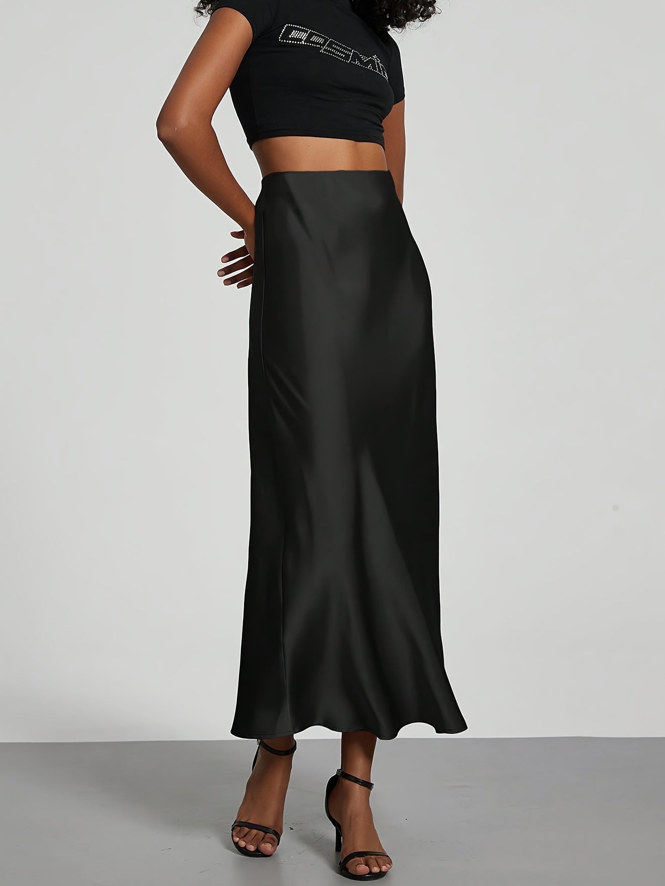 Women's High-Waisted Burgundy Satin Maxi Skirt Spring Summer Fall Elegant Machine Washable