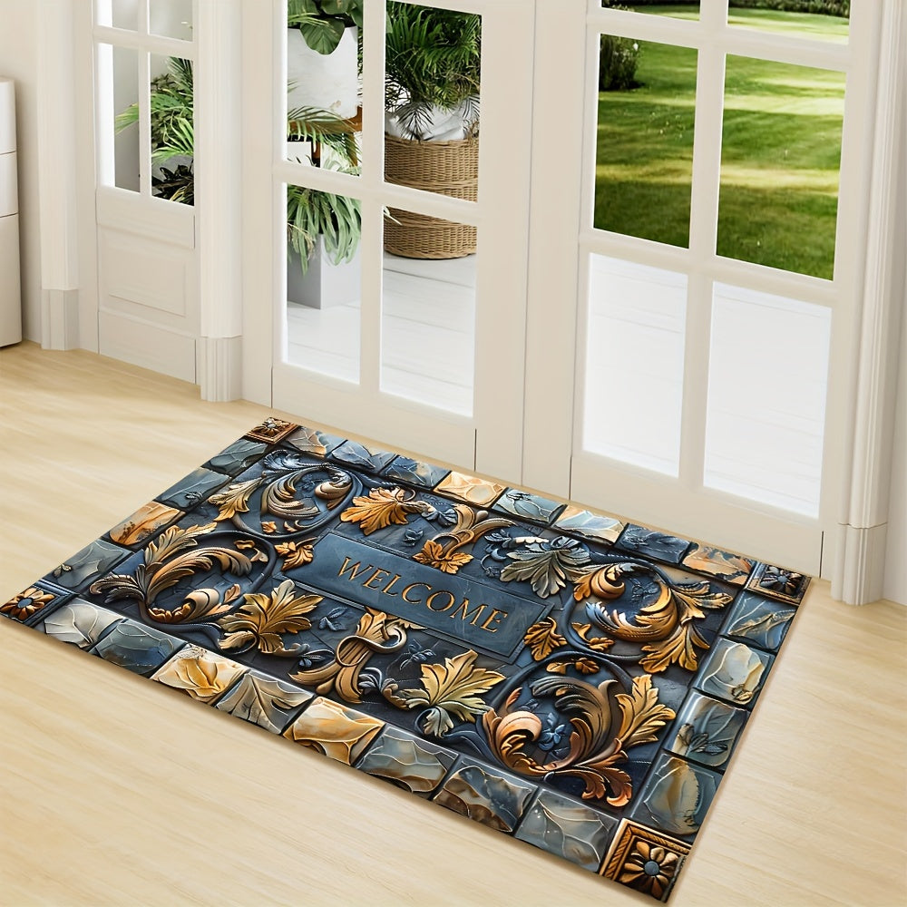 3D Stone Design Welcome Doormat Polyester Non-Slip Indoor Outdoor Rug
