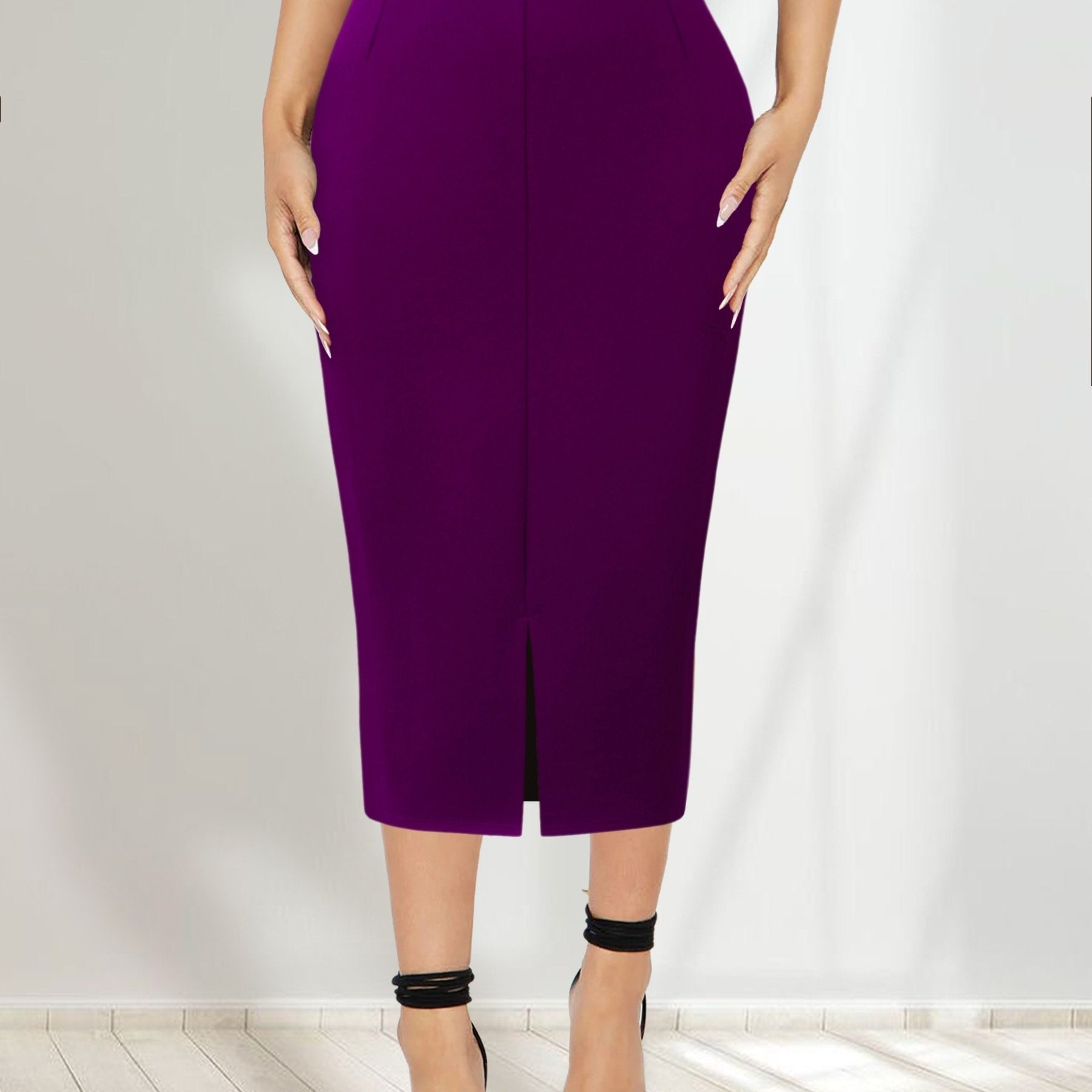 Women's Black Midi Skirt with High Waist and Side Slit Stretchy Rayon Blend for Spring Summer