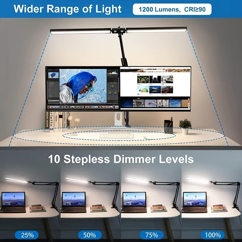 Ultra Wide Double Head LED Desk Lamp Clamp Swing Arm Dimmable USB Powered Black