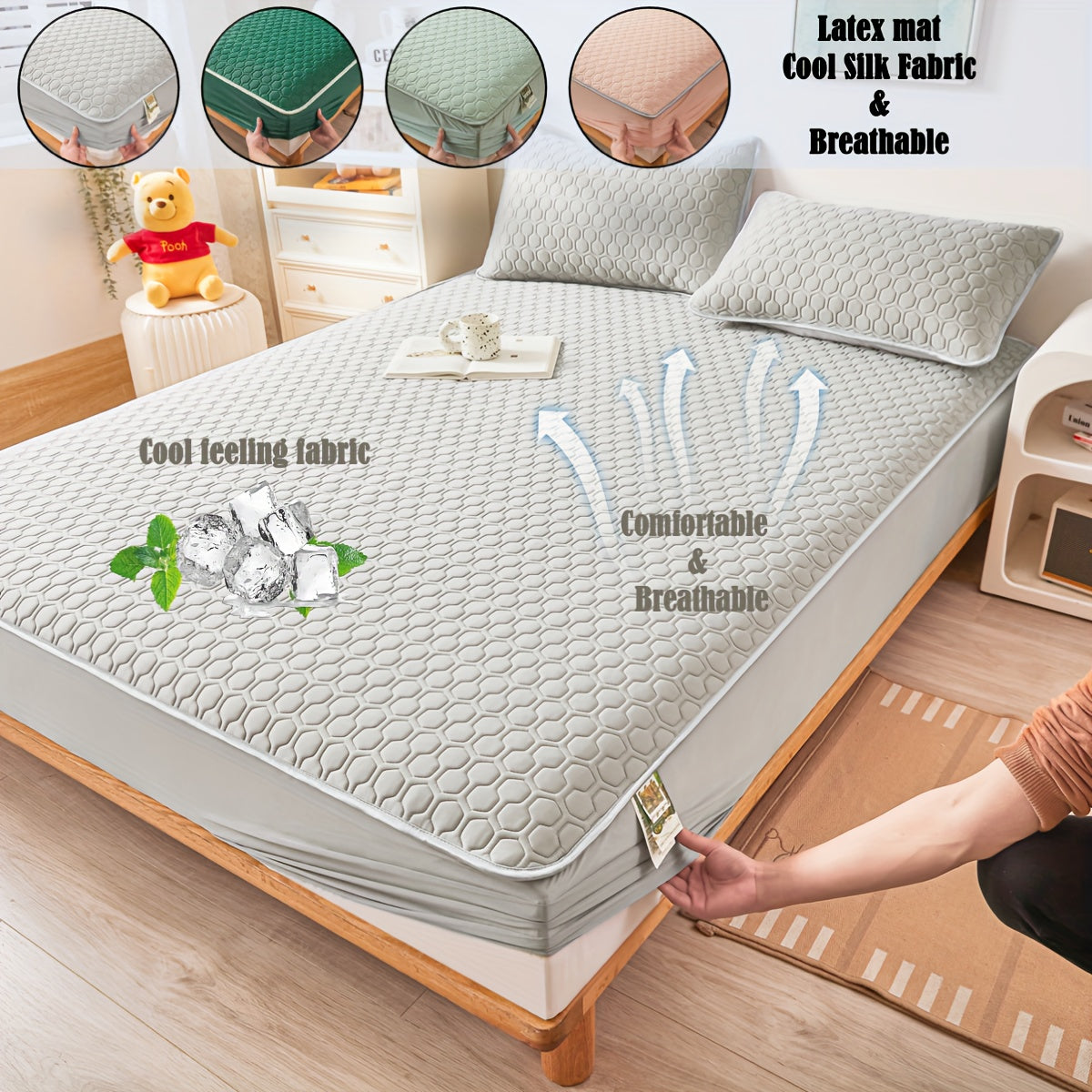 Наматрасник Latex Cool с дизайном "Ледяное ощущение", однотонный, машинная стирка, толстая стеганая нить. Подходит для спален, студенческих общежитий, отелей. Наволочки не включены.