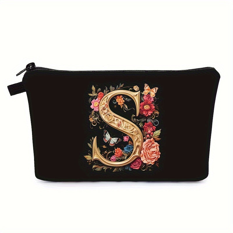 Bolsa de maquillaje negra para mujer con patrón de mariposas y flores para organizar los esenciales de belleza