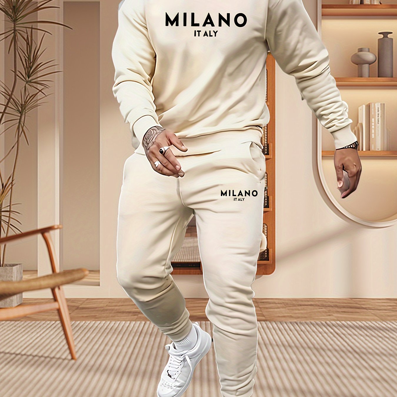 Men's Polyester Printed Hoodie and Joggers Set Fall Casual