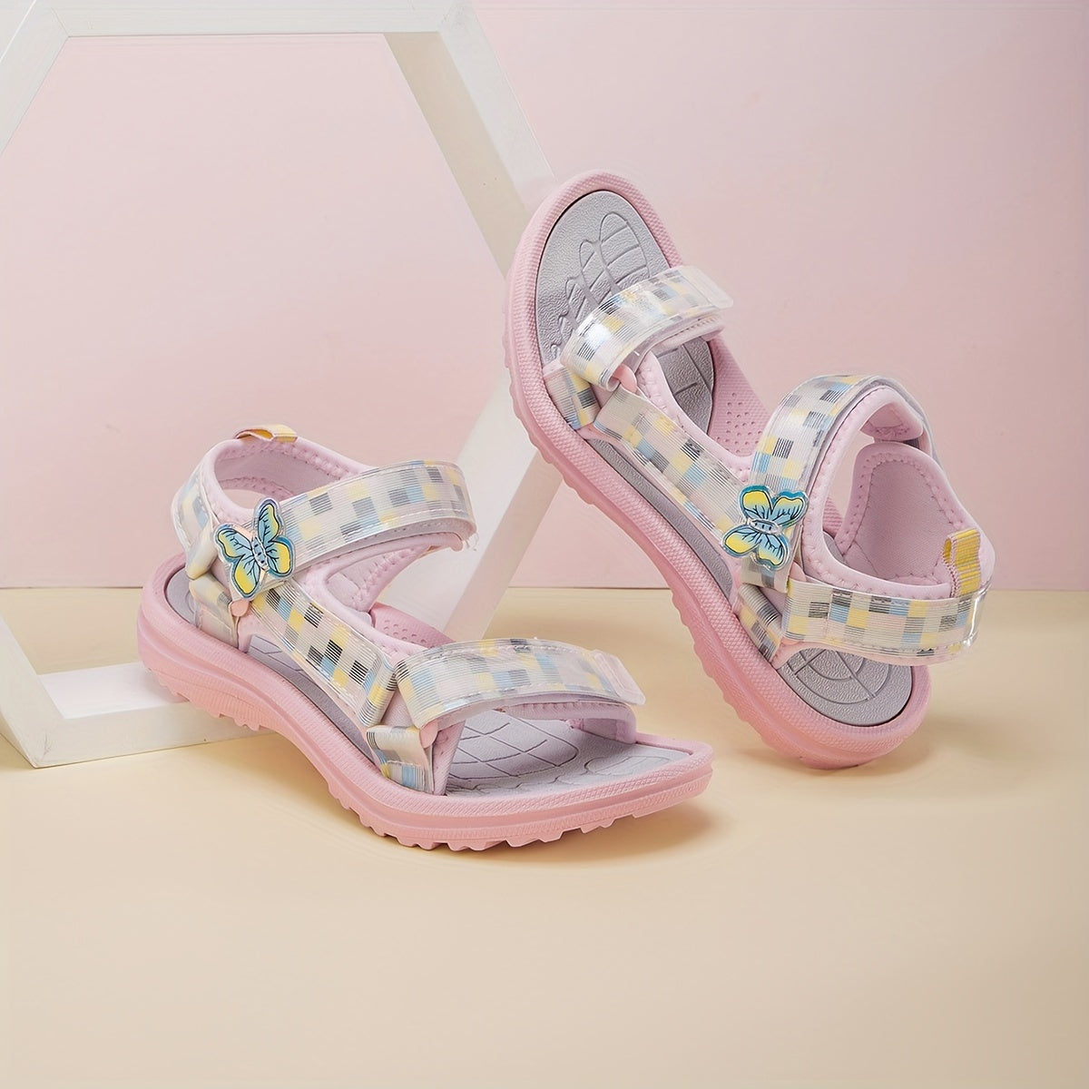 Girls' Checkered Sandals with Butterfly Charms Lightweight Mesh EVA Sole Casual Pink
