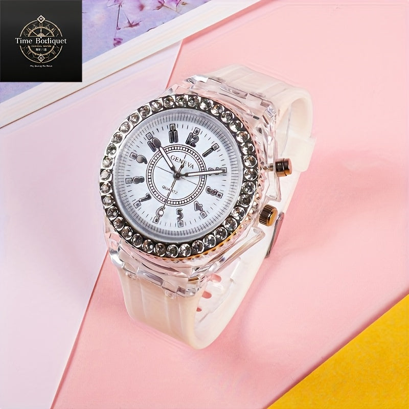 Glow-in-the-Dark Silicone Watch for Men Women Kids LED Time Display Casual Fashion Rhinestone Accents