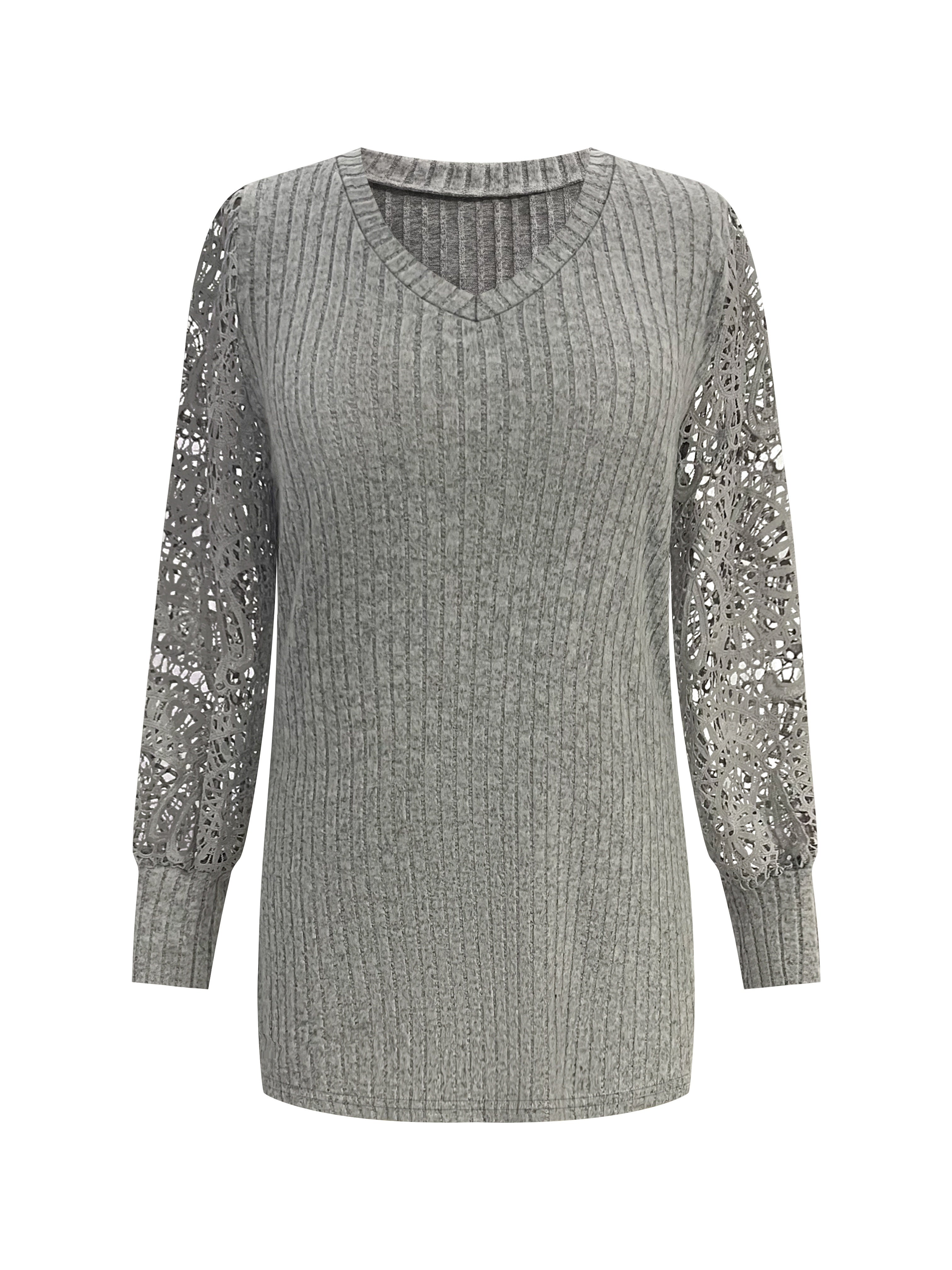 Women's V-Neck Long Sleeve Blouse with Lace Accents, Solid Color, Breathable