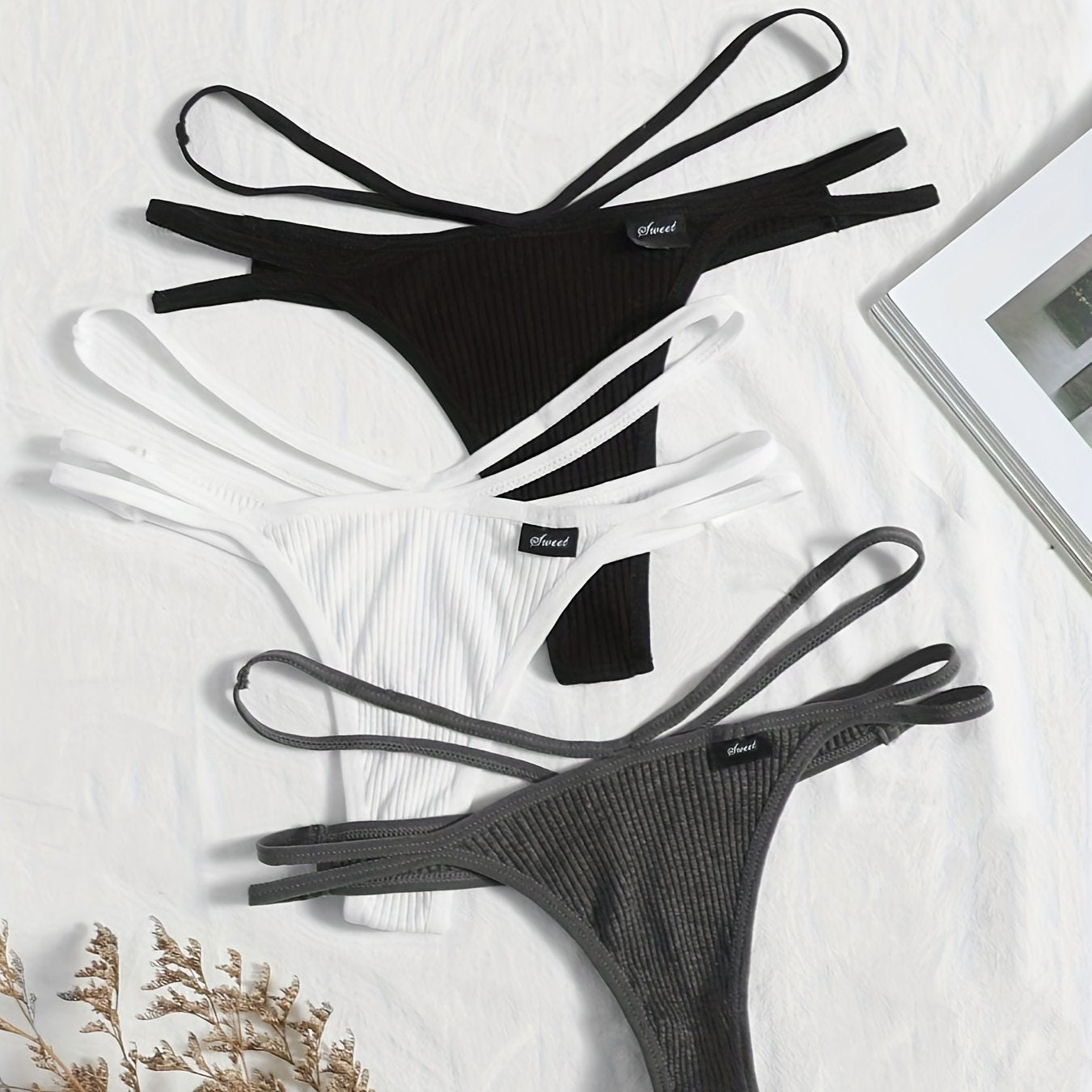 Women's Ribbed Thongs with Hollowed-Out Breathable Design Set of 3