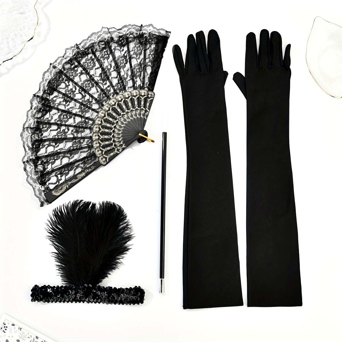 1920s Women's Masquerade Party Accessories Gloves Feather Hair Clips Smoke Tube Fans Dress Embellishments