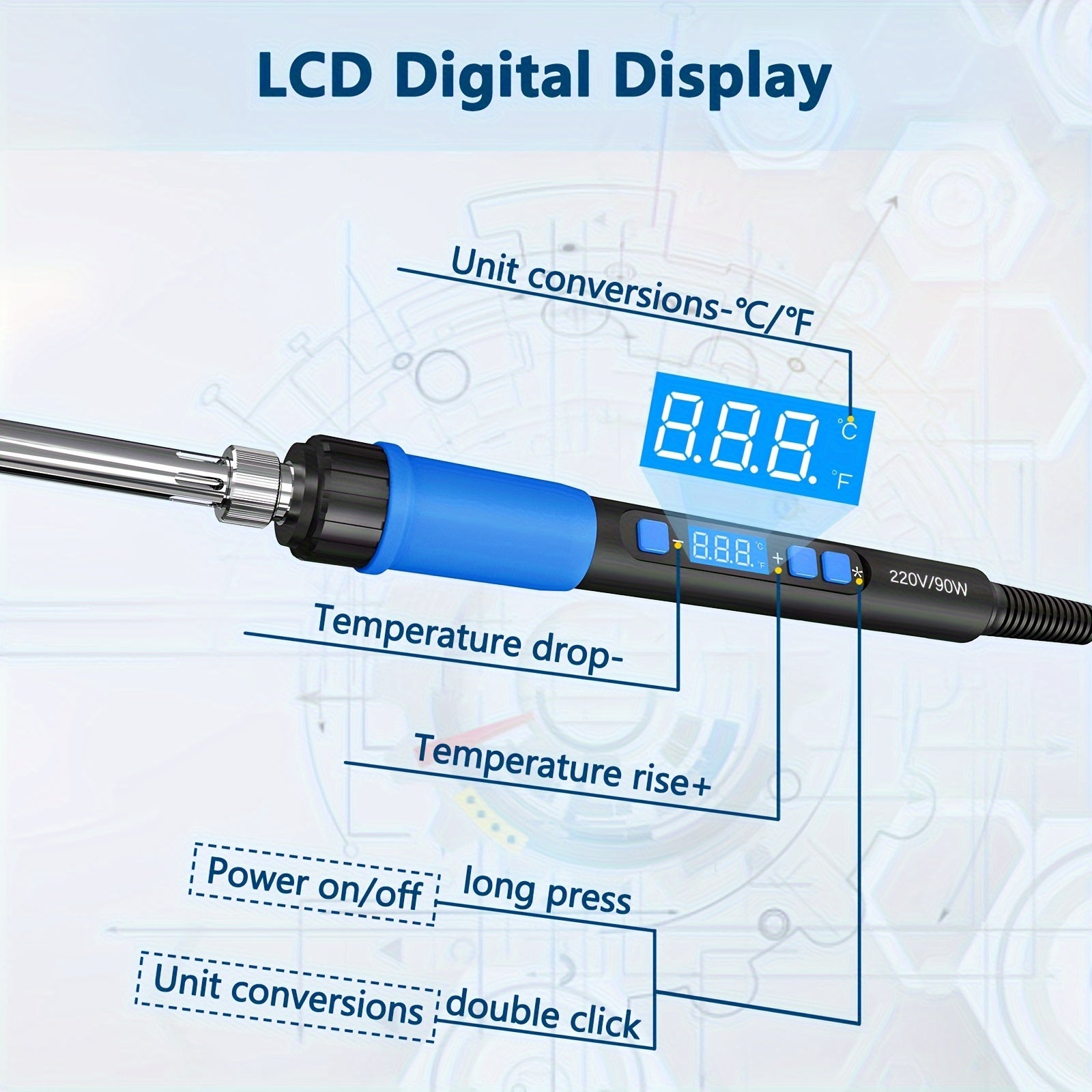 90W Digital Soldering Iron Kit with LCD Display Adjustable Temperature Rapid Heat Blue