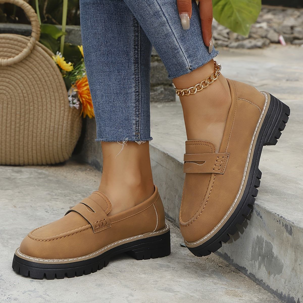 Women Vintage Penny Loafers Faux Leather Casual Slip-On Round Toe Durable EVA Sole