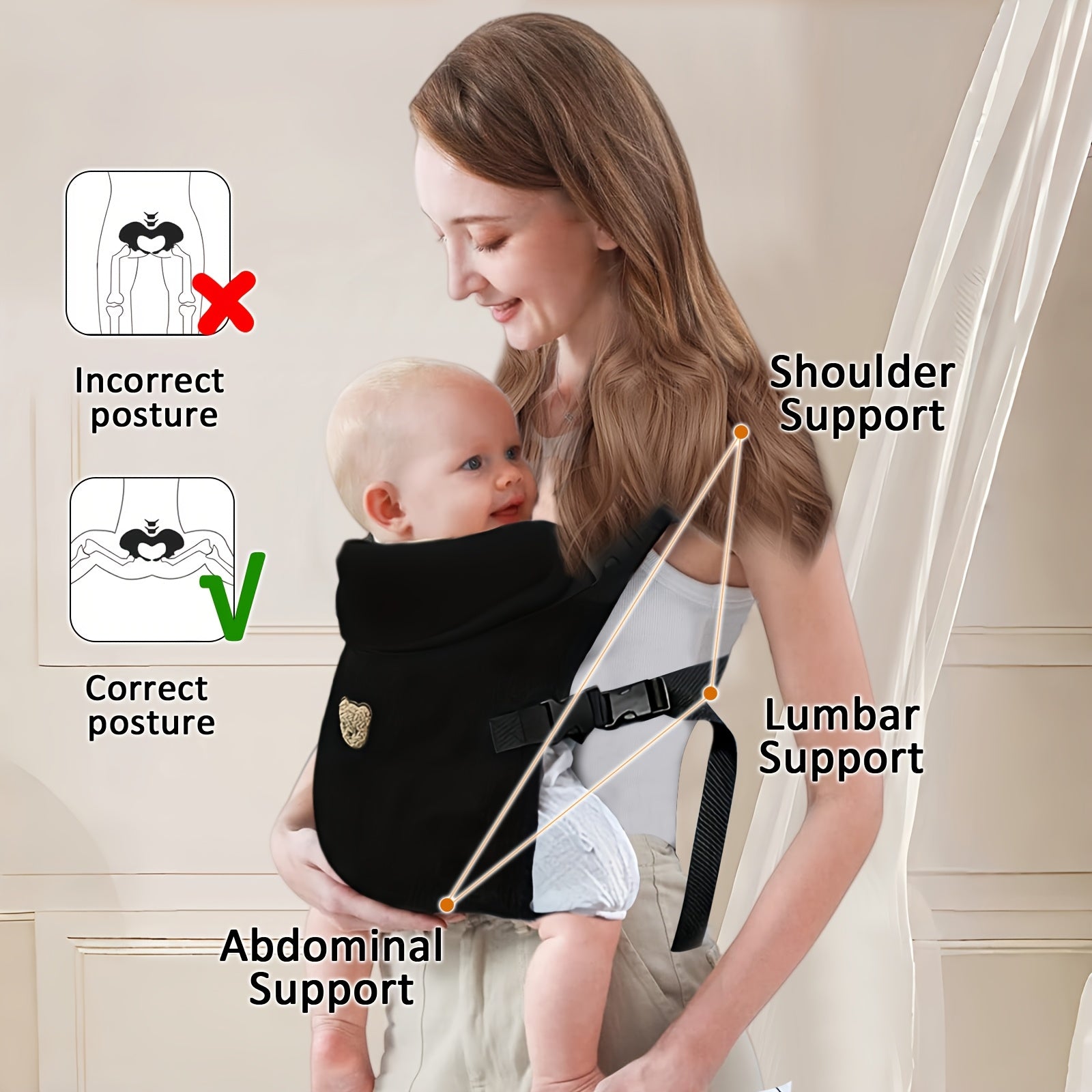 3+ yosh uchun bolalar uchun belbog‘li nafas oladigan polyesterli sling, olib tashlanadigan kamar bilan, qora va kulrang