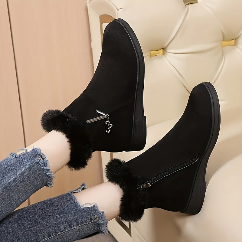 Women's Fleece-Lined Winter Ankle Boots with Side Zipper Black