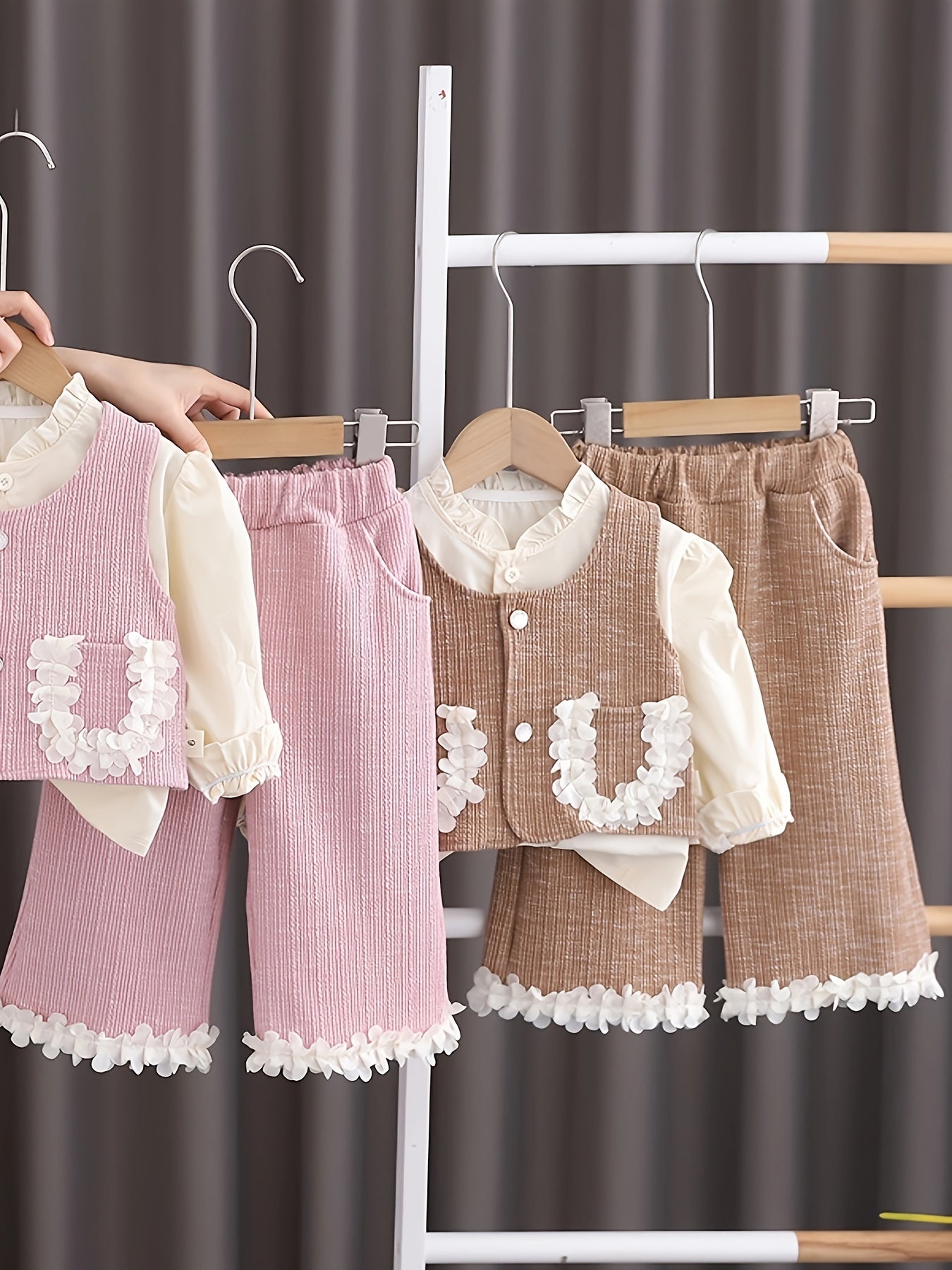 Girls Autumn Outfit Set Shirt Vest with Lace Pockets Trousers Cotton Blend Spring Fall Kids