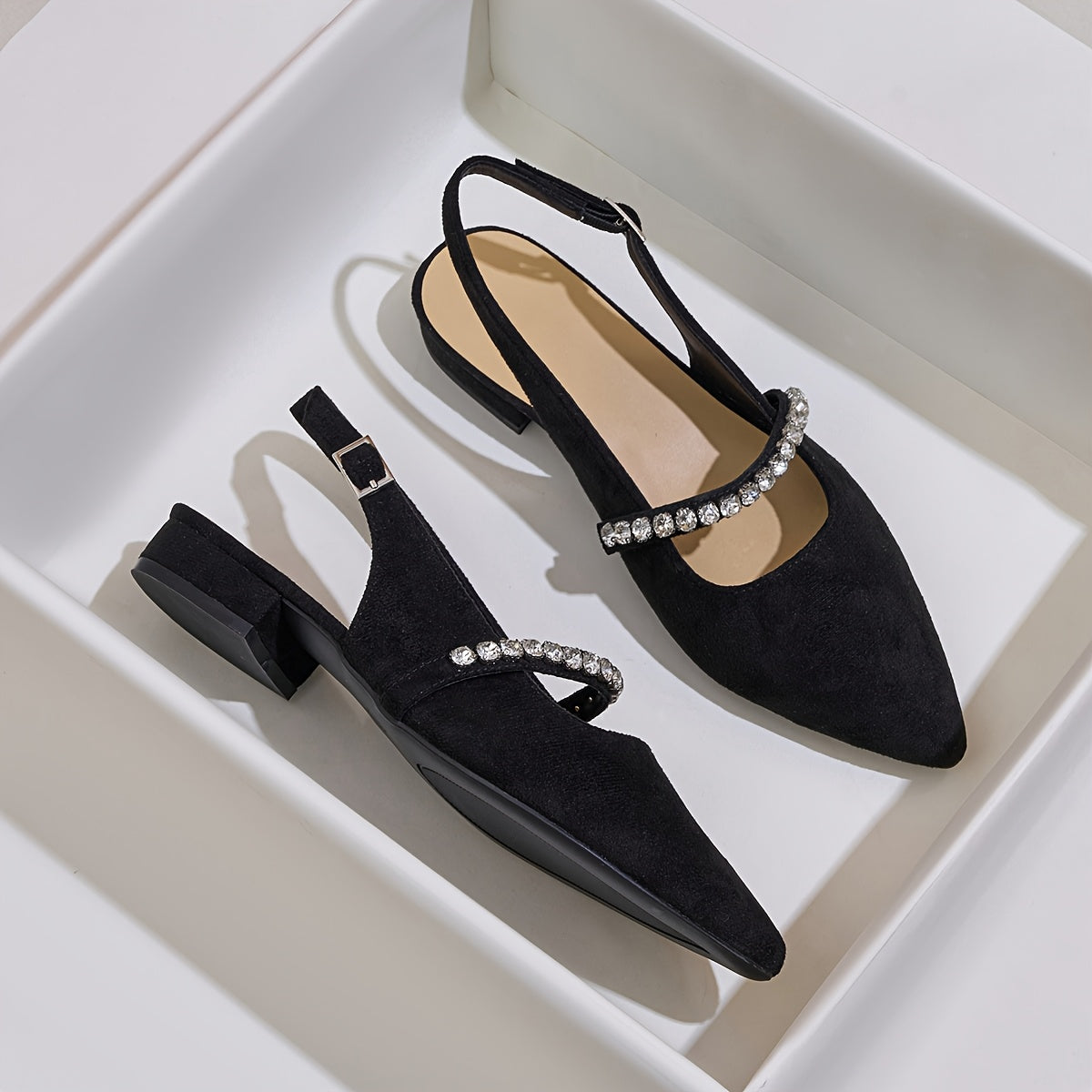 Women's Black Mary Jane Flats with Rhinestone Buckle Pointed Toe