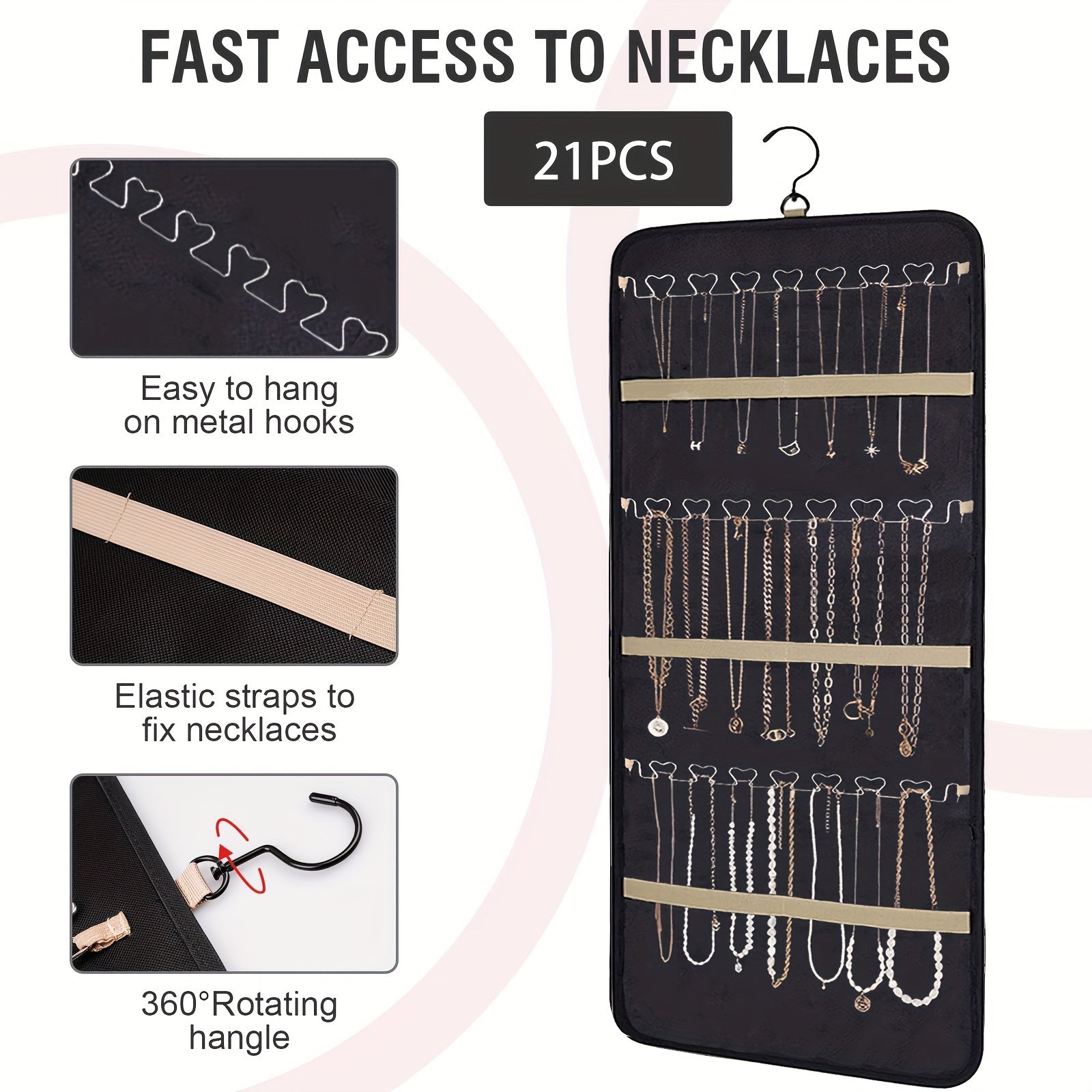 Zargarlik buyumlarini osib qo'yish uchun devorga o'rnatiladigan saqlash tashkilotchisi, uzuklar, marjonlar, marjonlar va sayohat uchun rulon bilan