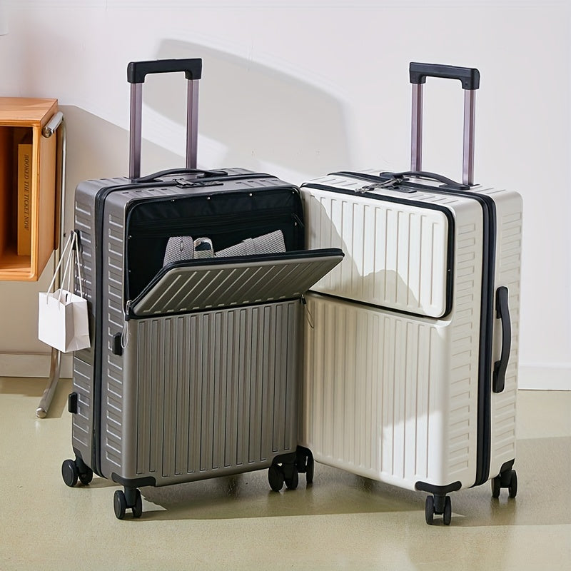 White 20 Inch Spinner Trolley Suitcase with Zippered Front Pocket and Telescopic Handle