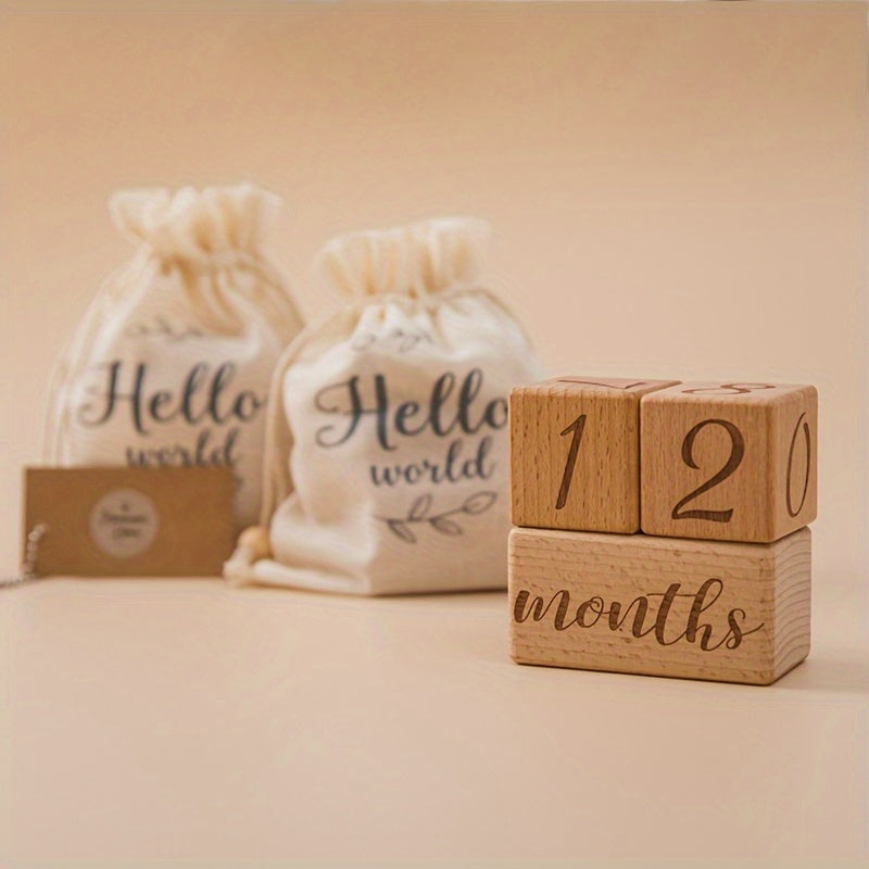 Wooden Milestone Blocks Set for Baby Photos and Growth Memories Light Brown with Drawstring Bag