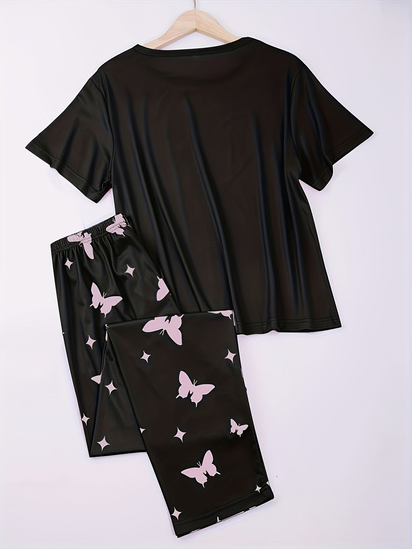 Women's Knit Pajama Set with Heart and Butterfly Pattern Polyester Elastane Sleepwear for Spring Summer Fall