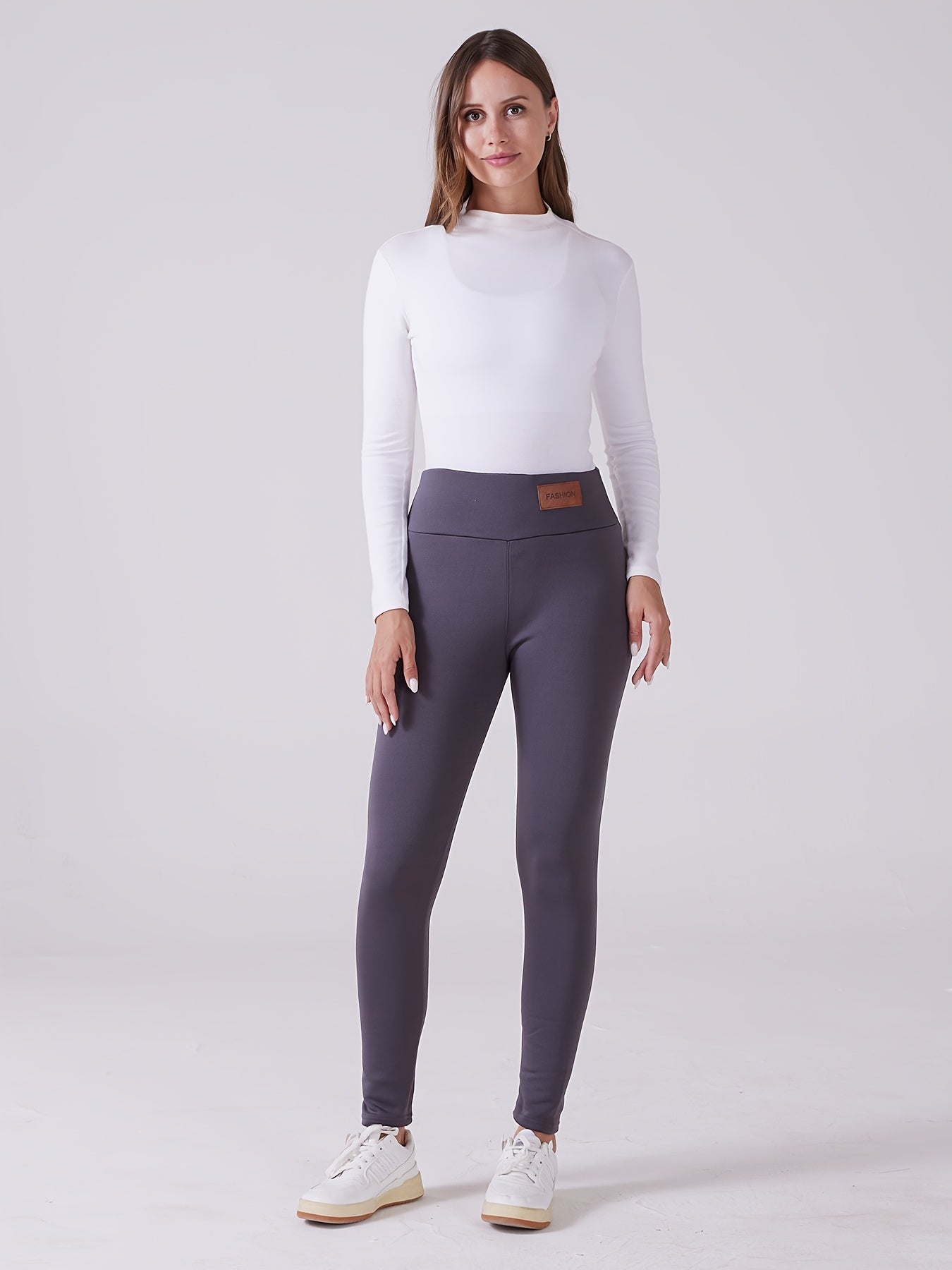 Women's Fleece-Lined Thermal Leggings High-Waisted Non-Slip Waistband Black Beige Plus Size