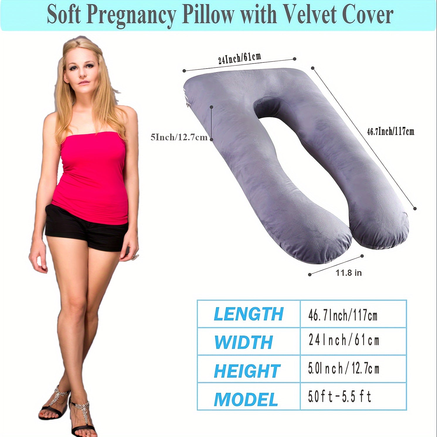 Pregnancy Pillow U-Shaped with Lumbar Support Soft Polyester Removable Cover Full Body Relief
