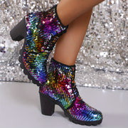 Women's Ankle Boots Sequin Lace-Up Chunky Heel Winter Shoes