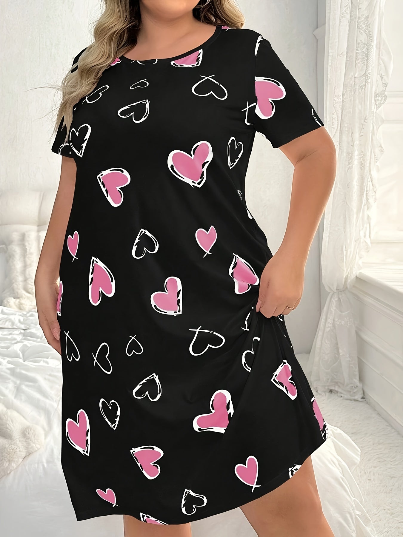 Plus Size Women's Sleep Dress Short Sleeve Heart Print Lounge Wear Pink Red