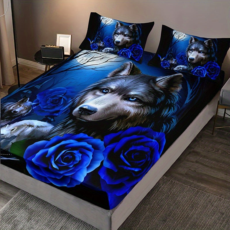Conjunto de ropa de cama de lobo místico y rosa azul con sábana ajustable y fundas de almohada, impresión digital para todas las estaciones