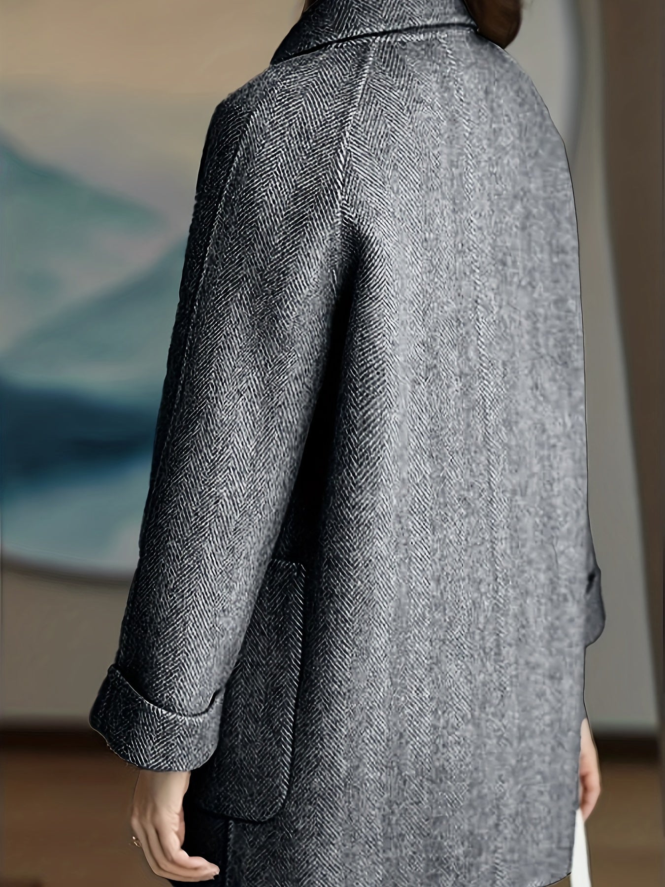 Women's Light Blue Striped Trench Coat with Pockets Long Sleeves Fall Winter Casual Textured Fabric