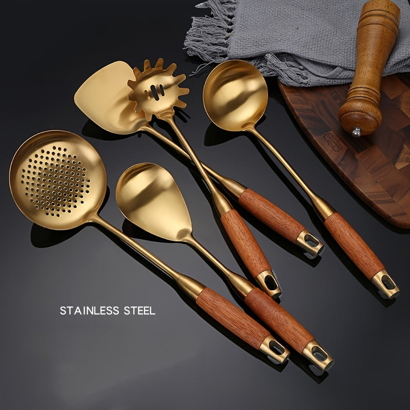 Set of 6 Golden Stainless Steel Kitchen Utensils Spatula Ladle Slotted Turner