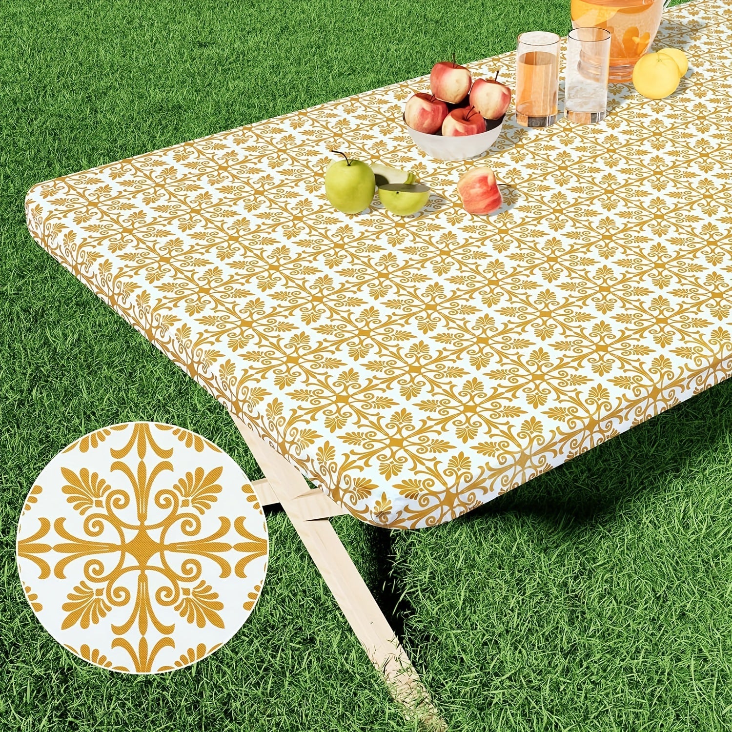 Baroque Style Waterproof Fitted Tablecloth with Elastic Flannel Backing for Outdoor Use