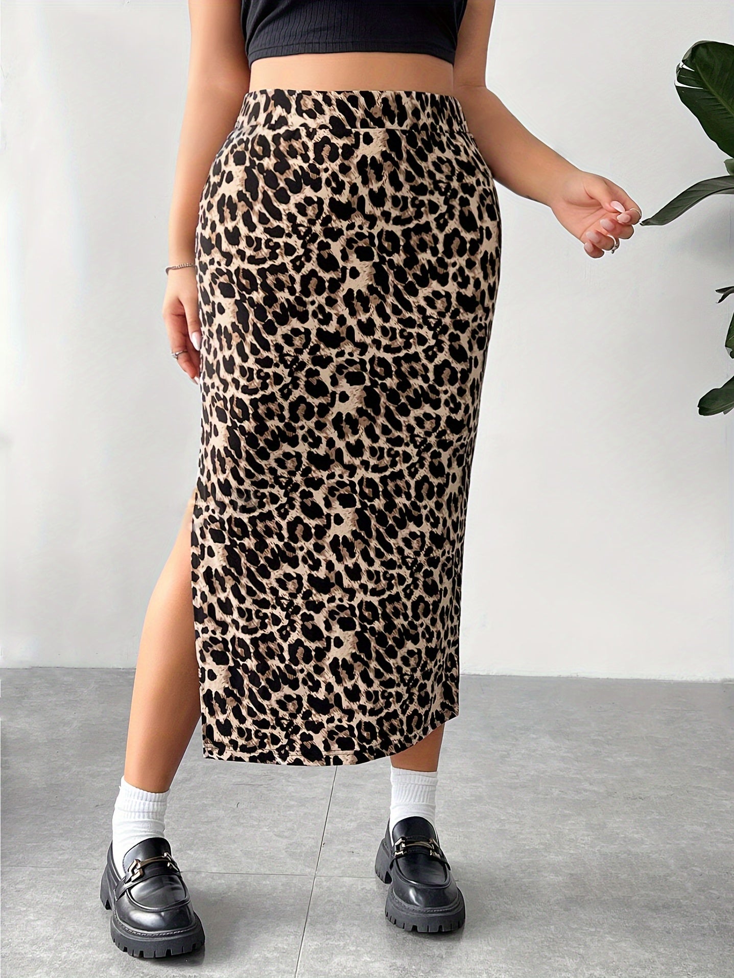 Women's Leopard Print Midi Skirt Polyester Knit Side Split Bodycon