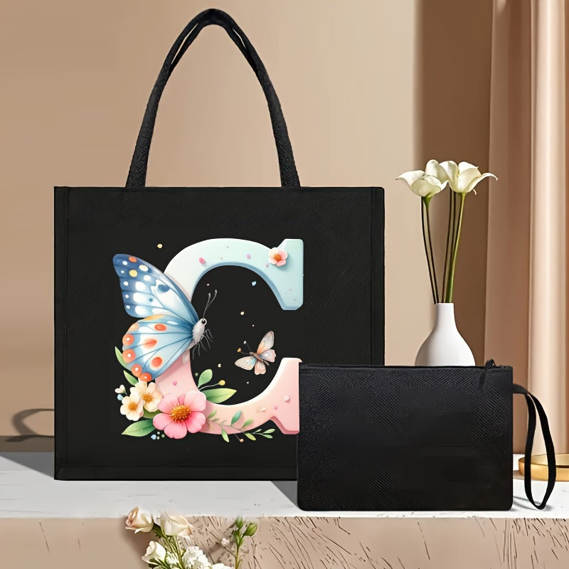 Set of 2 Floral Letter Print Canvas Tote Bags Large Handbag with Clutch Pouch