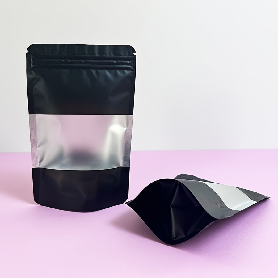 50 piezas de bolsas de embalaje con ventana abierta en negro para galletas, caramelos, café, té, auto-cierre, plástico esmerilado