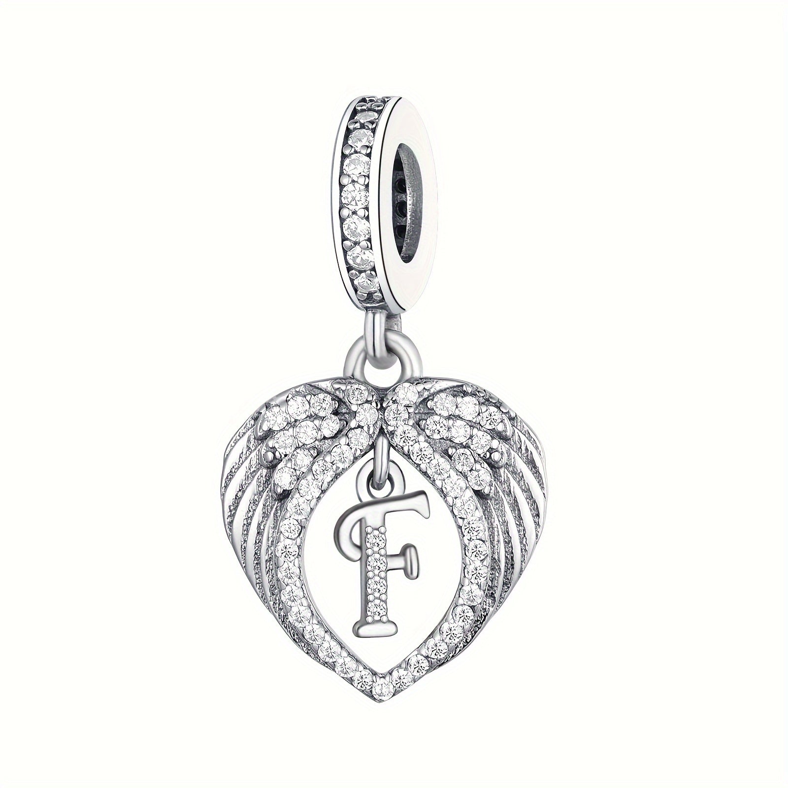 Sterling Silver Heart-Shaped Wing Pendant with Zircon Letter for DIY Jewelry