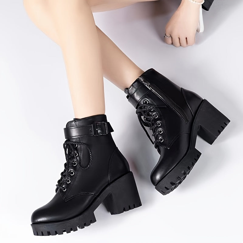 Women Ankle Boots Leather Punk Platform Heel Lace-Up Zipper Black