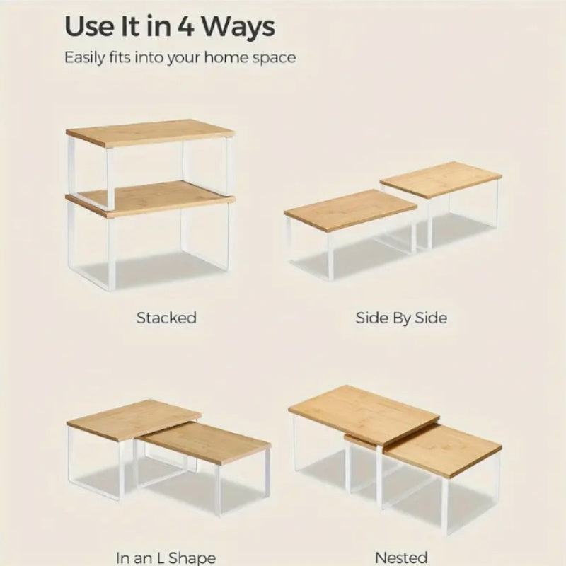 Expandable Wooden Bamboo Spice Rack with Stackable Storage for Kitchen Counter