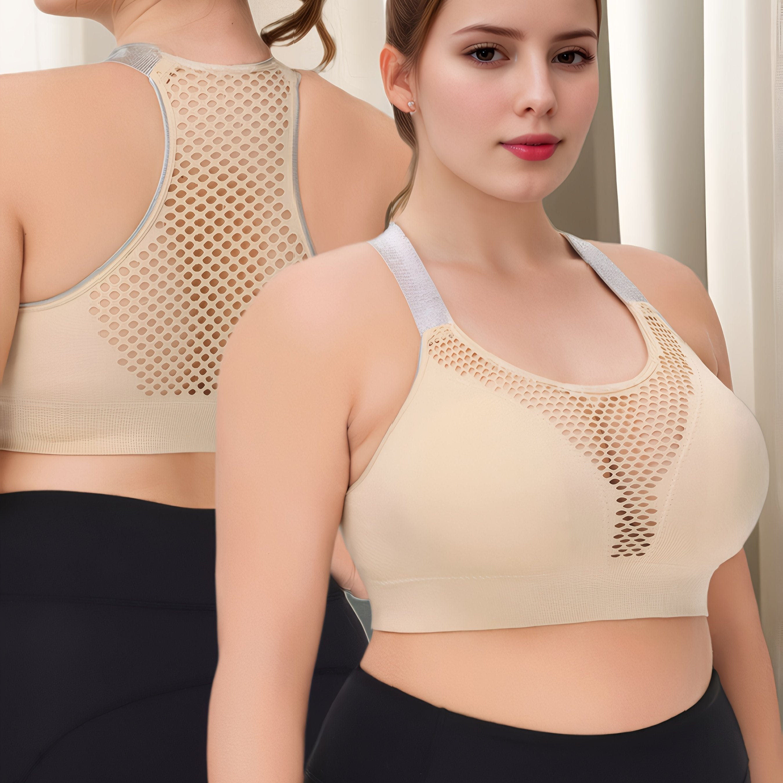 Plus Size Wire-Free Sports Bra Seamless Breathable Mesh Medium Support