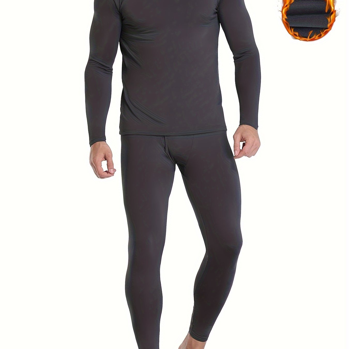 Men's Winter Thermal Underwear Set Long Sleeve Top and Pants Solid Color Polyester Spandex