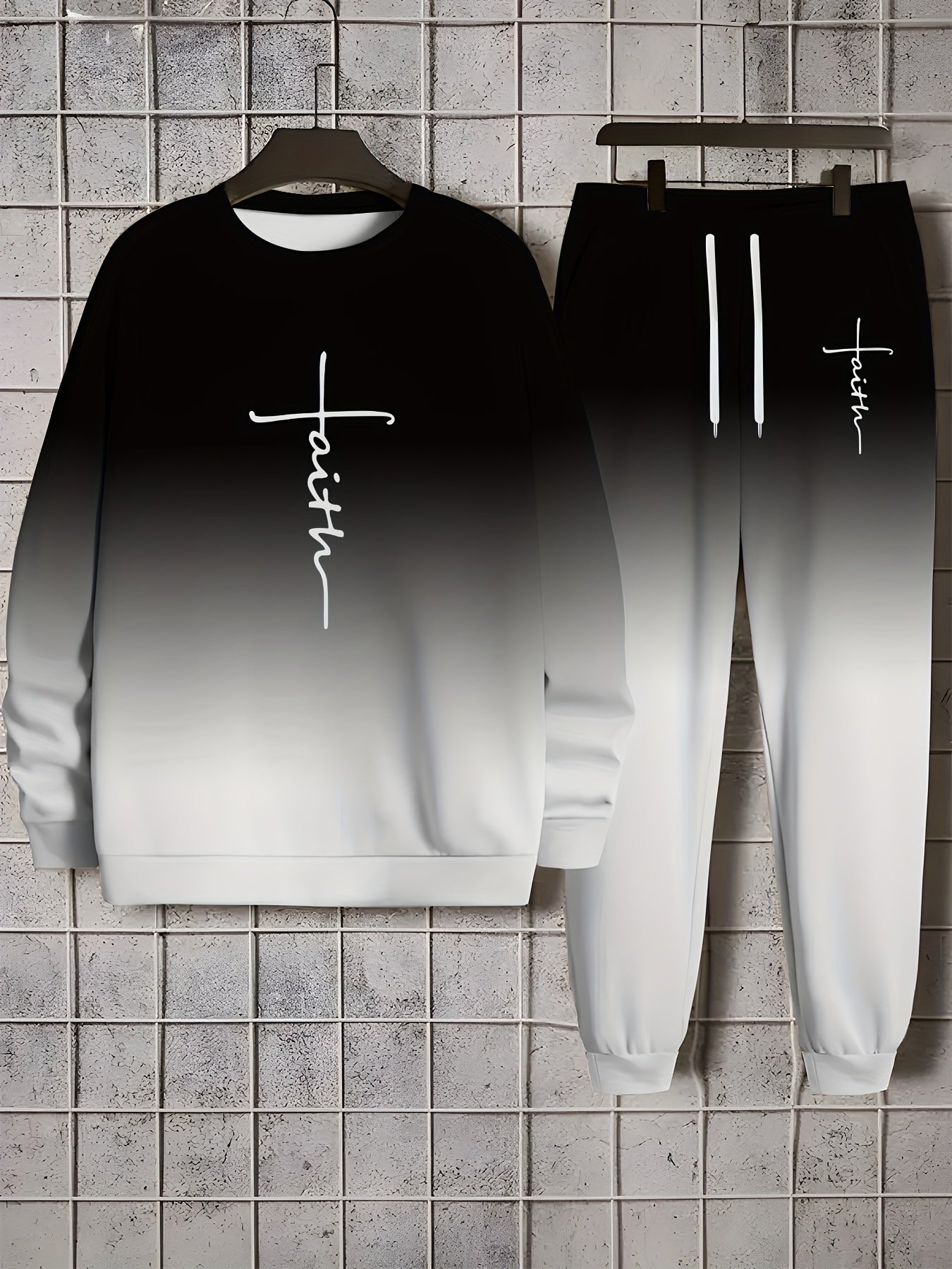 Men's Polyester Tracksuit Set with Crew Neck Printed Sweatshirt and Joggers Lounge Wear