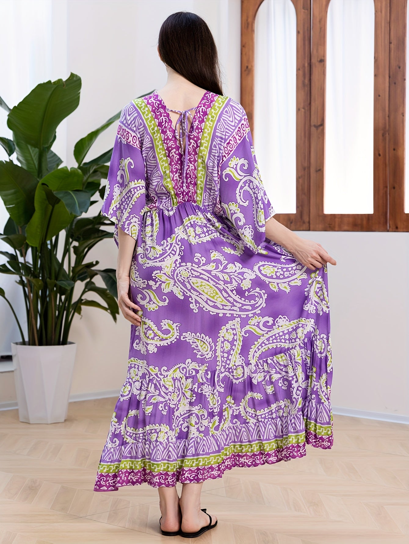 Plus Size Women's Bohemian Maxi Dress Vibrant Orange Blue Floral V-Neck