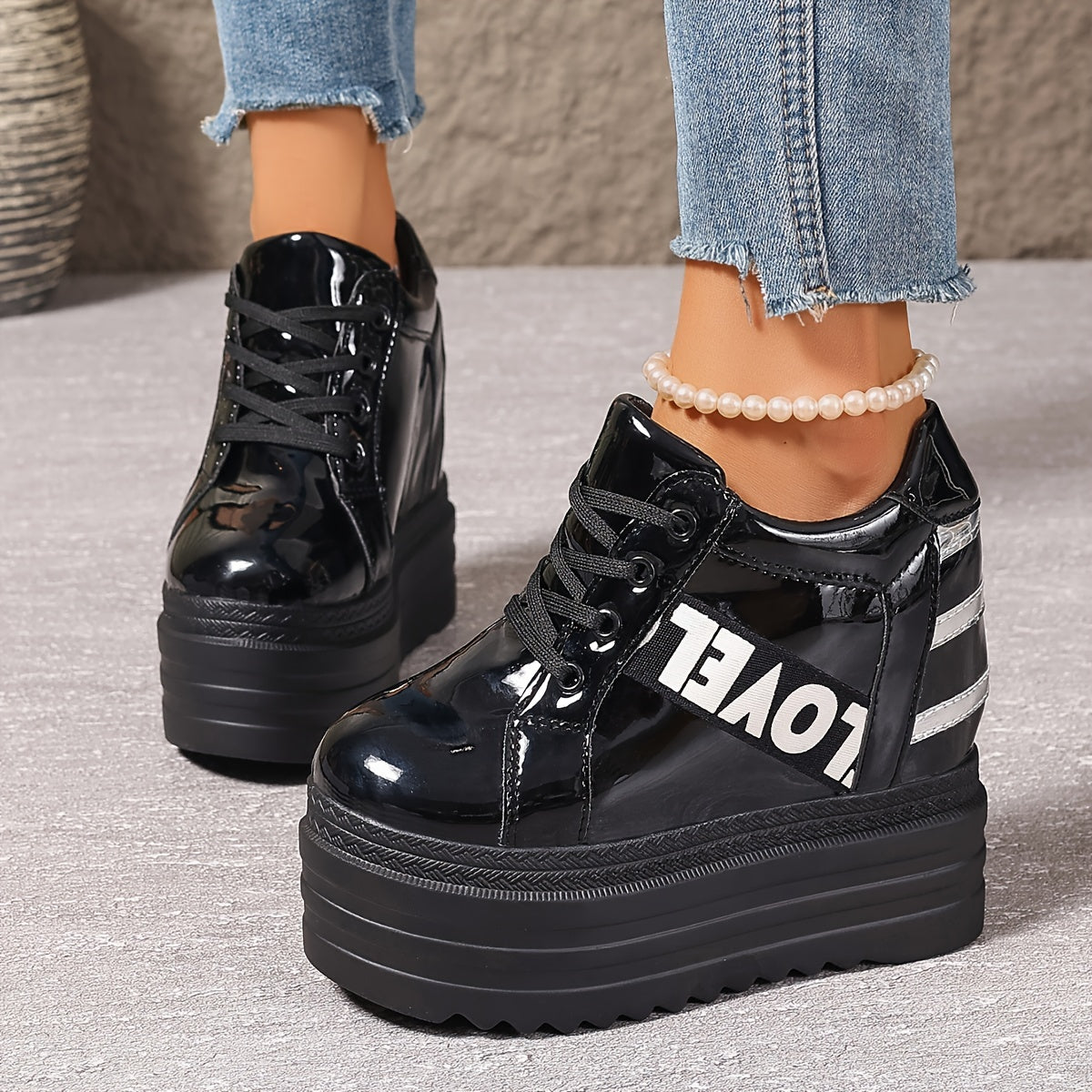 Women's White Platform Sneakers with Thick Sole and Lace-Up
