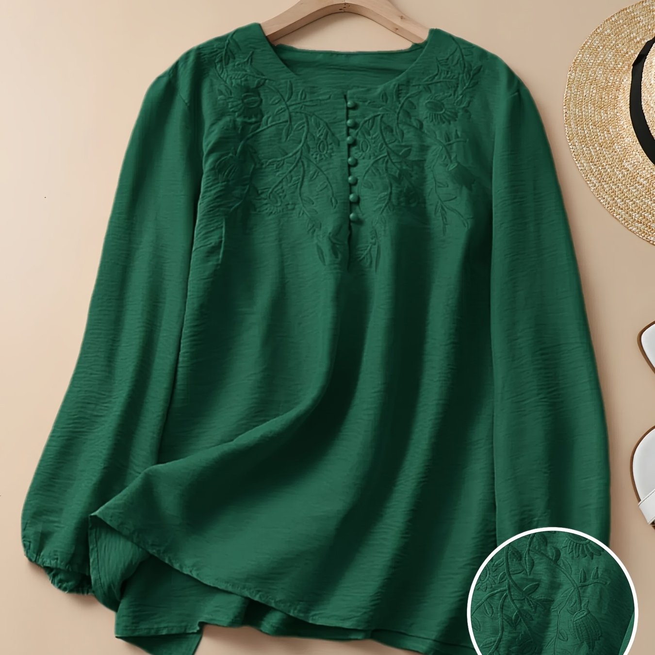 Floral Embroidered Long Sleeve Shirt for Women Made of Polyester and Spandex