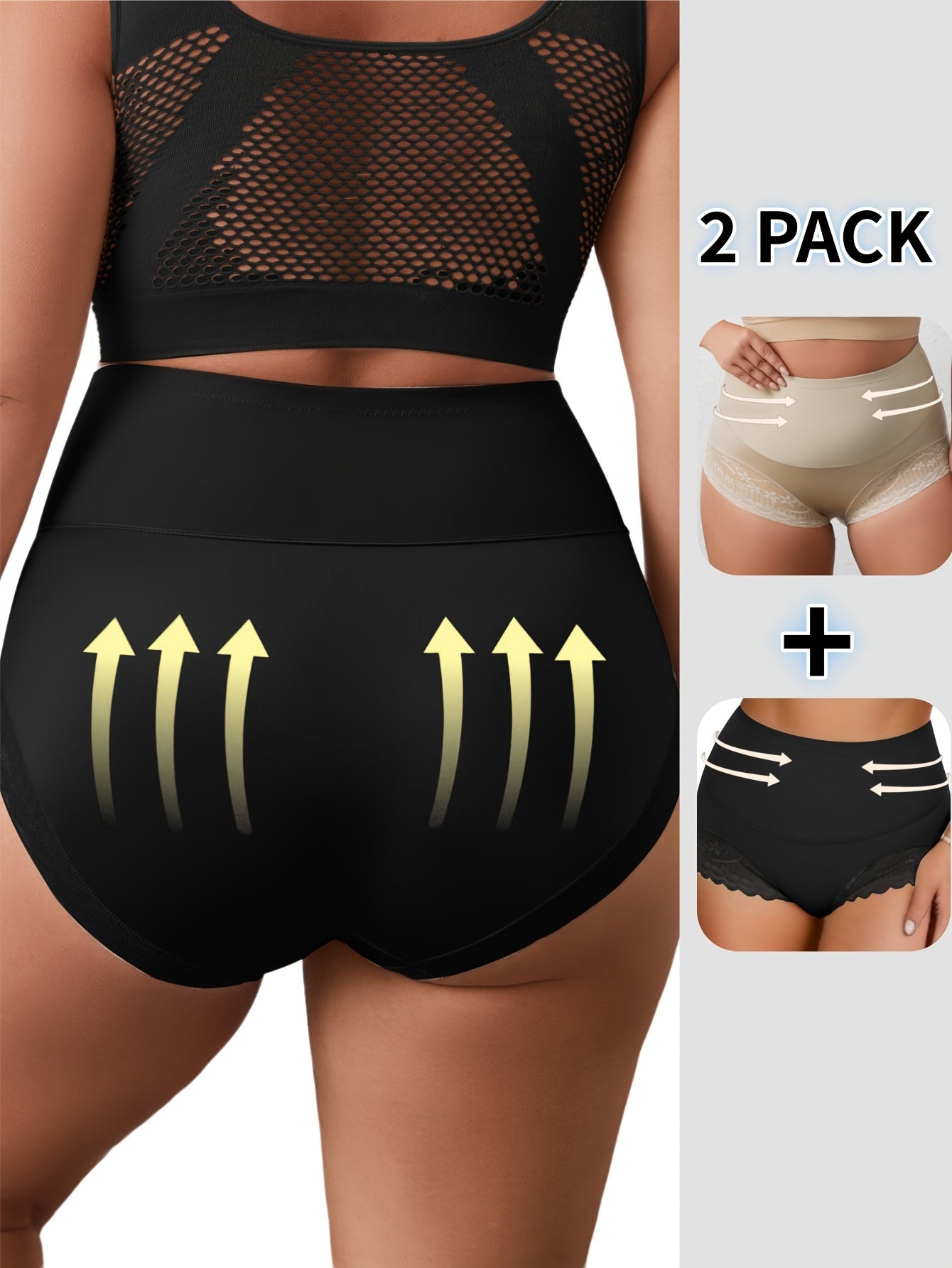 Plus Size High Waist Tummy Control Panties 2-Pack Breathable Lace Underwear