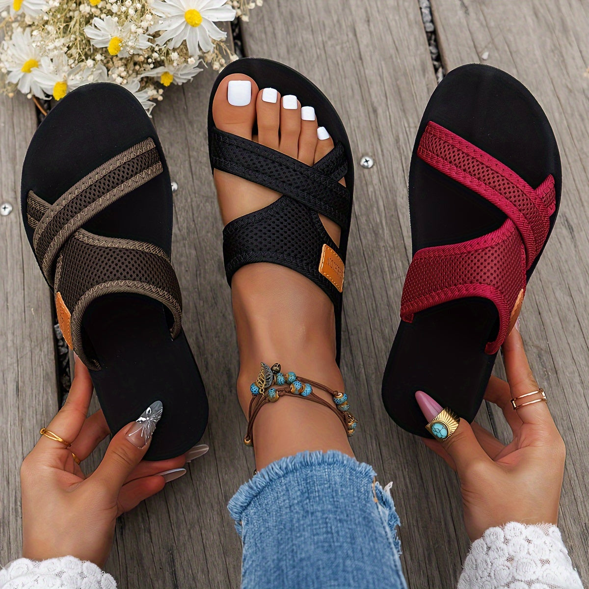 Women's Mesh Slide Sandals with Crisscross Straps Lightweight Casual Open Toe Black Brown Red Black