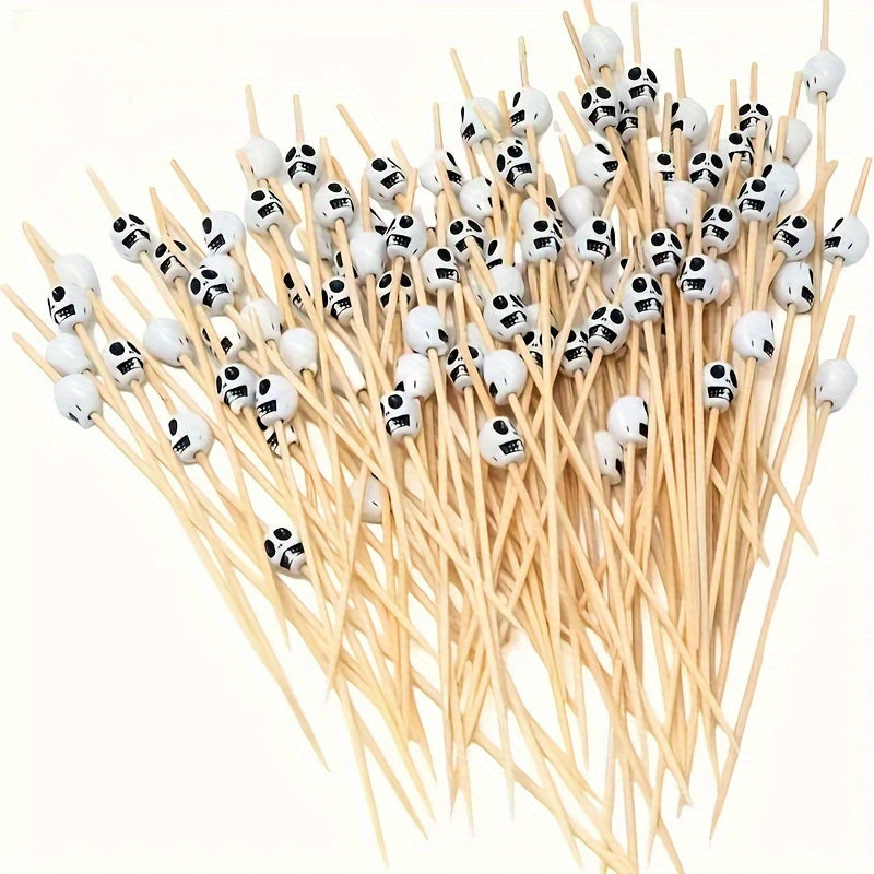 Wooden Toothpicks with Skull Design for Halloween and Christmas Party Decor, Fruit Skewers and Cocktails