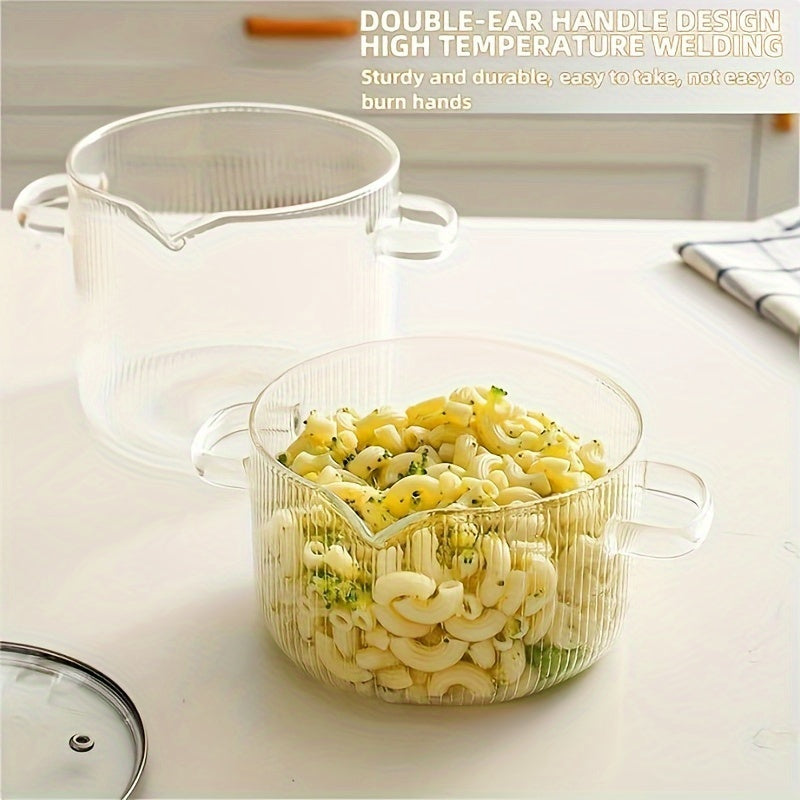 Retro uslubidagi ribbed shisha qozon, katta sig'imli, tekis pastki va issiqqa chidamli borosilikat materialdan - oshxonada sho'rva tayyorlash, sut qaynatish, bolalar ovqatini tayyorlash va makaron pishirish uchun ideal.