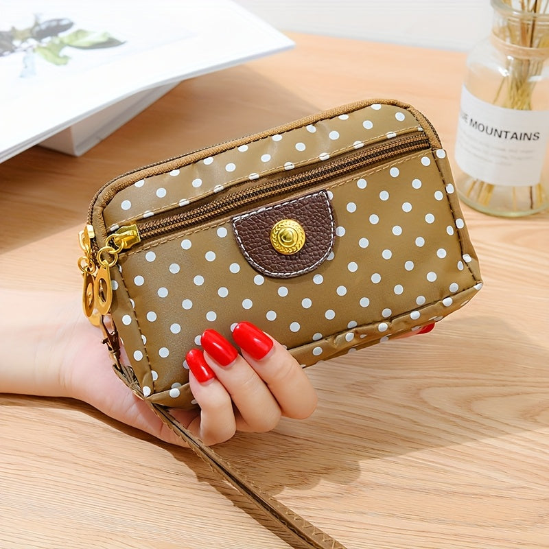 Women's Nylon Clutch Wallet with Polka Dot Pattern, Zipper Pockets, Mixed Colors