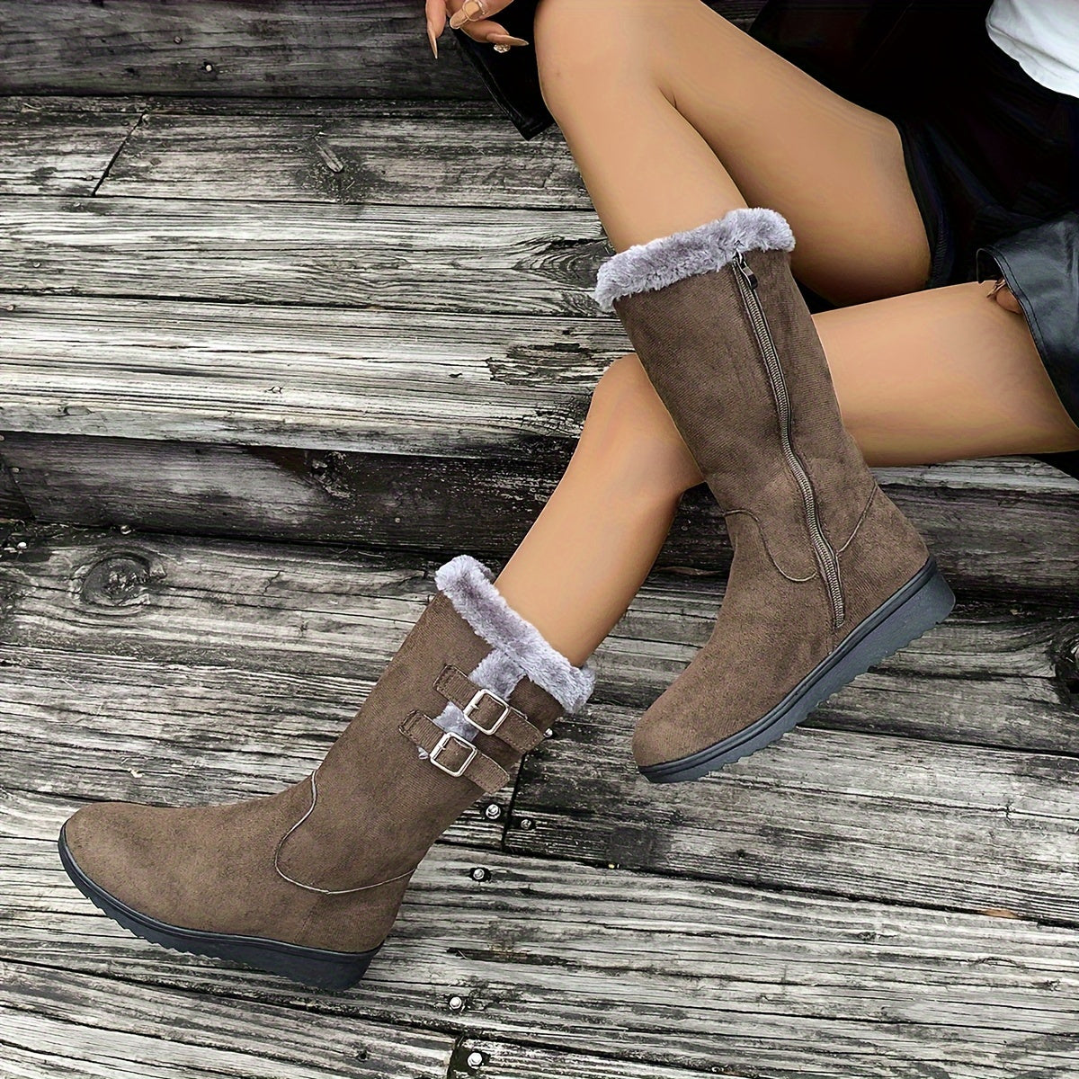 Women's Winter Boots Thickened Mid-Calf Zipper Slip-Resistant Faux Fur Black