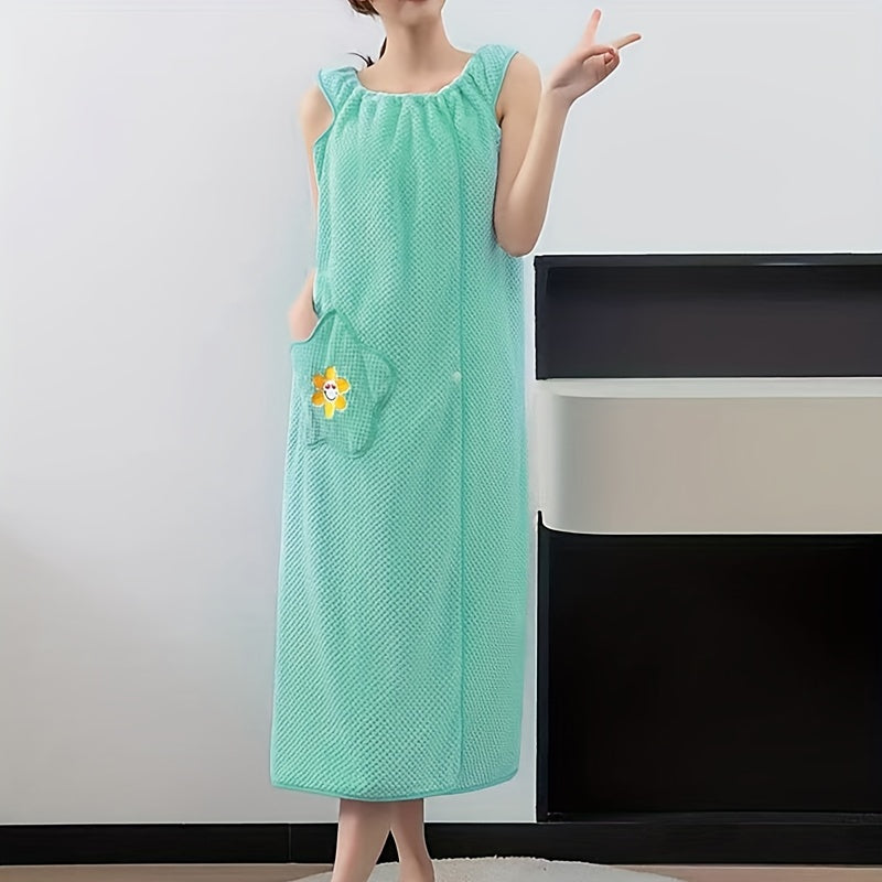 Роскошное платье-туалет из кораллового флиса для женщин, экстра-длинное, ультра-впитывающее, без рукавов с цветочным карманом. Идеально для домашнего использования в синем или зеленом цвете.