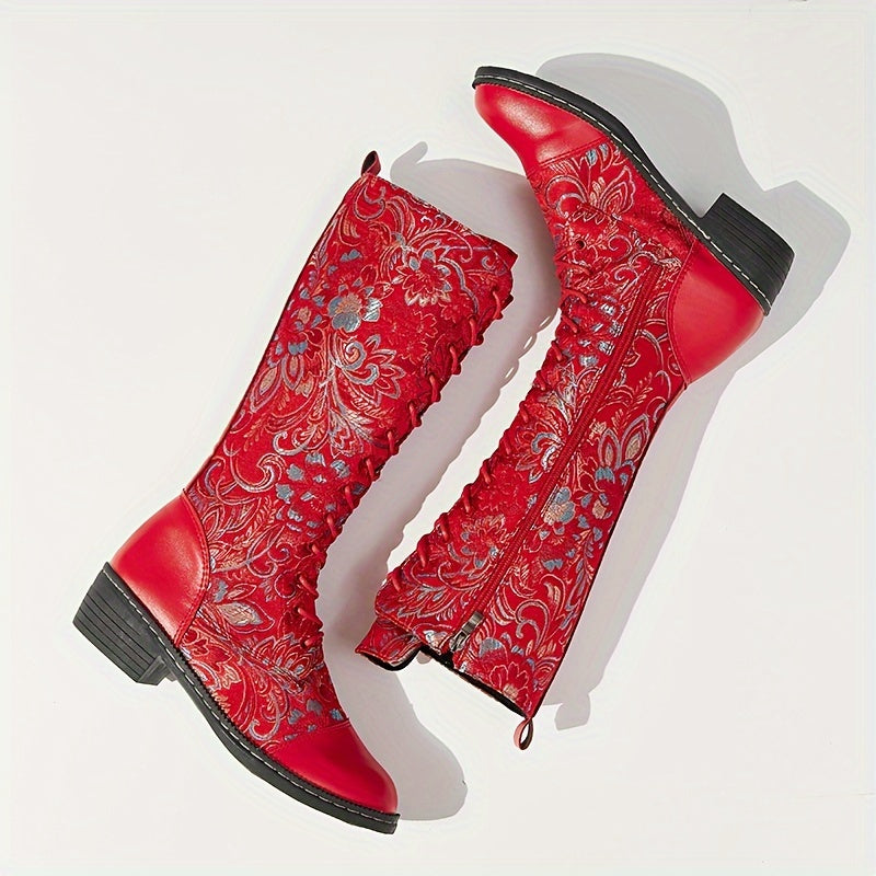 Women's Embroidered Faux Leather Knee-High Boots with Side Zipper